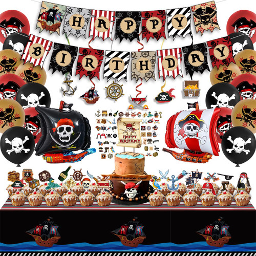 CAILESS Birthday Party Decorations - Pirates Birthday Party Decorations 103Pcs, Included Pirates Theme Banner Cake Toppers 12'' Latex Balloons Swirls Decor Pirates Foil Balloons for Pirates Party