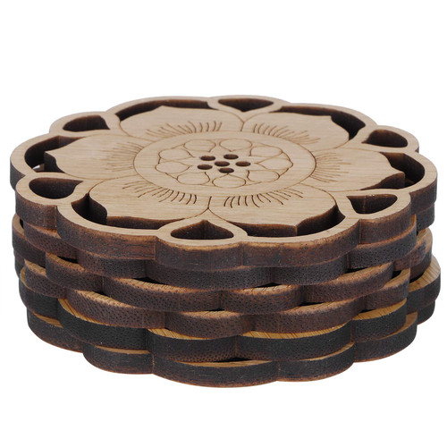 Bamboo Coaster Sets,6PCS/Set Drink Coasters, Heat Insulated Cup Mat for Drinks, Unique Pattern Farmhouse Coasters, Drinking Coasters, Kitchen Tool, Drinkware Tabletop Accessory(Flower)