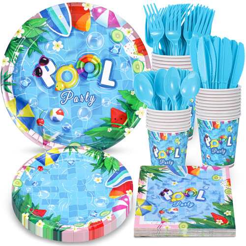 Atonofun Pool Party Supplies, Pool Plates and Napkins Set, Disposable Pool Party Plates, Cups, Napkins and Cutlery for Birthday, Baby Shower, Summer Beach, Pool Themed Party Decorations Serves 24
