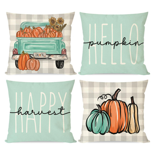 PANDICORN Fall Pillow Covers 18x18 Set of 4 Aqua Hello Pumpkin Truck Outdoor Fall Decor Fall Pillows Decorative Throw Pillows Cases Farmhouse Autumn Harvest Thanksgiving Cushion Covers Couch Sofa