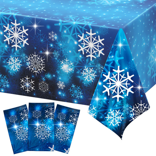 Mixweer Christmas Snowflake Tablecloths Plastic Winter Holiday Table Covers Disposable Tablecloth for Xmas Party Decor (Blue, 3 Pcs)
