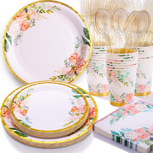 Primoplo Floral Birthday Decorations Floral Paper Plates and Napkins for Women Party Bridal Shower Tea Party Supplies Wedding Girl Baby Shower Floral Disposable Plates Dinnerware Sets, Serves 24