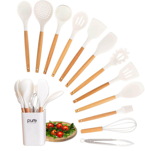 Kitchen Silicone Cooking Utensil Set. 13 BPA Free Non-Stick Silicone Kitchen Utensils with Stand. Heat Resistant Cooking Utensils with Wooden Handles.