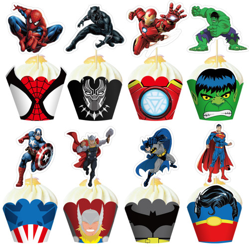 48 Pcs Super Spider Theme Birthday Party Supplies Favor, Cake Decorations Toy Cupcake Toppers and Toy Cupcake Wrappers Set with 24 Pcs Cupcake Toppers, 24 Pcs Cupcake Wrappers for Hero Fans (HERO)