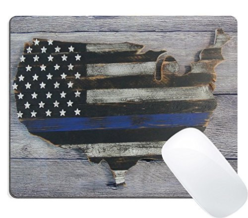 Wknoon Gaming Mouse Pad Custom Design Mat, Retro Thin Blue Line Flag Vintage Wood Map