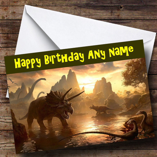 Dinosaurs at Sunset Personalized Birthday Greetings Greetings Card
