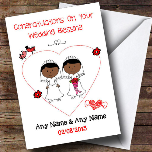 Cute Doodle Gay Lesbian Female Black Couple Personalized Wedding Blessing Greetings Greetings Card
