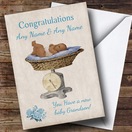 Pretty Vintage Black Baby Boy Grandson On Scale Personalized Sibling Greetings Greetings Card