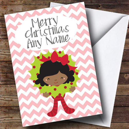 Dark Skinned Girl & Wreath Children's Personalized Christmas Holiday Greetings Greetings Card