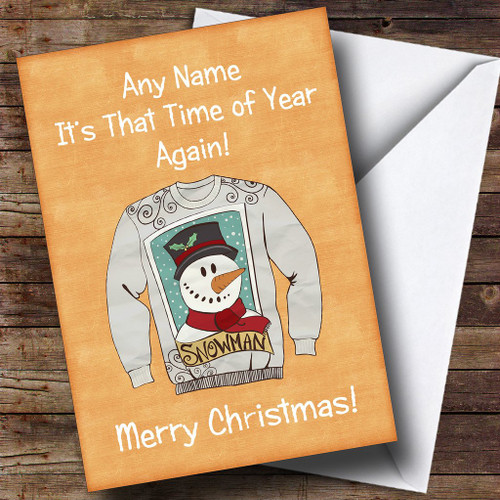 Snowman Jumper Orange Personalized Christmas Holiday Greetings Greetings Card
