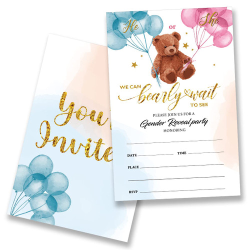 We Can Bearly Wait Gender Neutral Reveal Party Invitations with Envelopes Set of 20, Bear Pink and Blue Balloons Theme Party Fill in Invites Cards for Gender Neutral Reveal (Double Sided)