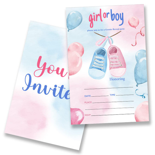 Girl or Boy Gender Reveal Party Invitations with Envelopes Set of 20, Pink and Blue Theme Gender Neutral Reveal Party Fill in Invites Cards (Double Sided)