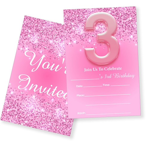 Pink Glitter 3rd Birthday Party Invitations With Envelopes Set of 20, Pink Theme Third Birthday Party Fill in Invites Cards (Double Sided)