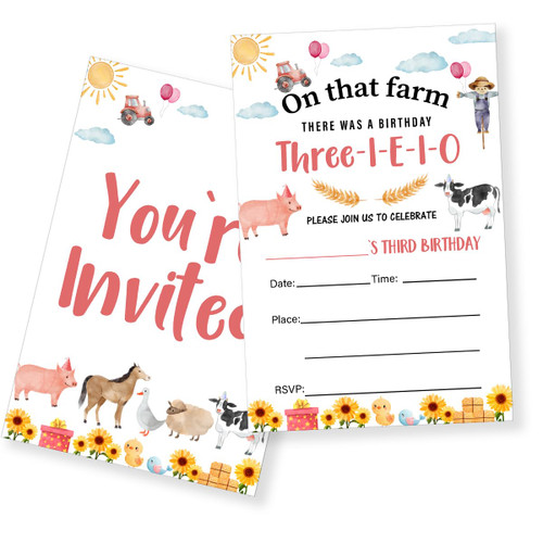 Farm 3rd Birthday Party Invitations With Envelopes Set of 20, Farmyard Barnyard Animals Three-i-e-i-o Theme Third Birthday Party Fill in Invites Cards (Double Sided)