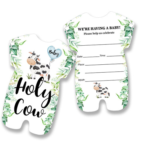Greenery Holy Cow Baby Shower Party Shaped Invitations with Envelopes Set of 20, Cow Theme Baby Shower Fill in Invites Cards for Gender Neutral Reveal (Double Sided)