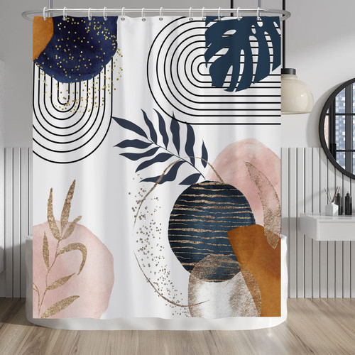 Baocicco Boho Shower Curtain Mid Century Navy Blue Gold Plant Leaves Modern Abstract Minimalist Shower Curtains Decorative for Bathroom Waterproof Fabric Shower Curtain with Hooks 60x72 Inches