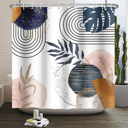 Baocicco Boho Shower Curtain Mid Century Navy Blue Gold Plant Leaves Modern Abstract Minimalist Shower Curtains Decorative for Bathroom Waterproof Fabric Shower Curtain with Hooks 72x96 Inches