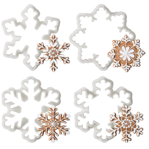 Qfeley 4 Pack Snowflake Cookie Cutters 3inch Snowflake Fondant Press Cookie Cutters Plastic Snowflake Shaped Decorating Fondant Mold Cookie Cutters for Christmas Winter Holiday