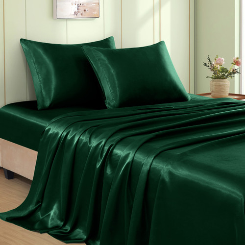 VACVELT 4pcs Emerald Green Satin Sheets Queen Size Bed Set, 15 Inch Deep Pocket Silky Satin Sheet Set, Soft Satin Bedding Set Cooling & Luxury Bed Sheets, 1 Fitted Sheet + 1 Flat Sheet + 2 Pillowcases