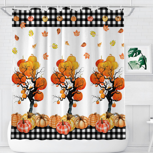 Strenflie Fall Shower Curtain 72x72 Inch, Rustic Autumn Harvest Pumpkin Black White Buffalo Check Plaid Tree Deciduous Farmhouse Decor Fabric Bathroom Curtain with 12 Hooks