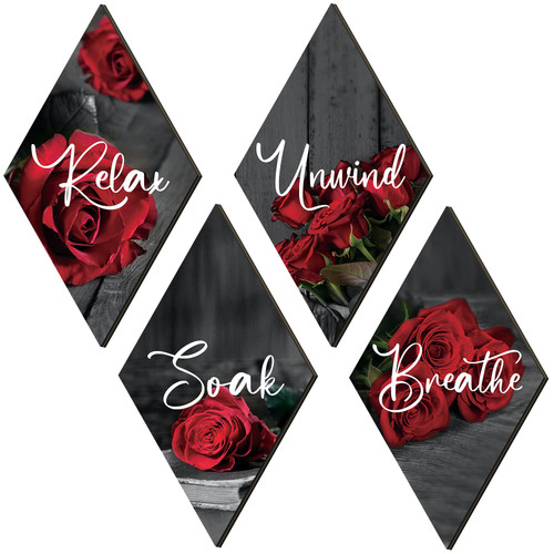 Qunclay Set of 4 Red Rose Bathroom Wall Decors Flower Restroom Decor Relax Soak Unwind Breathe Wall Art Farmhouse Bathroom Decor Sign Rustic Wooden Plaque for Home Decoration, 12 x 7 Inches (Rhombus)