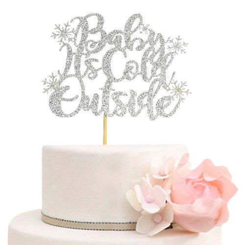 Silver Glitter Baby It's Cold Outside with Snowflake Cake Topper - Winter Christmas Holiday Boy or Girl Baby Shower Party Decorations