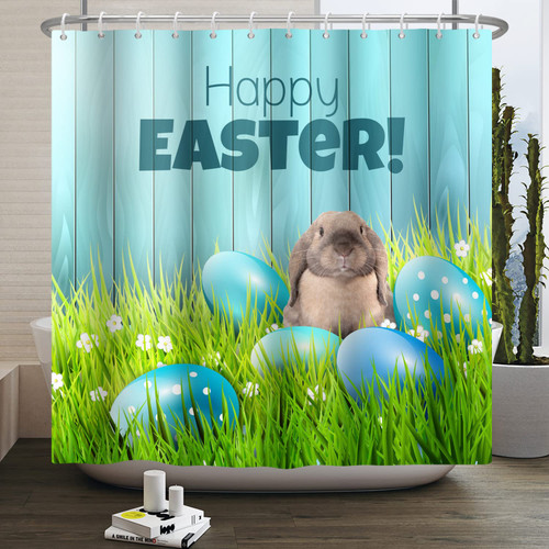 Renaiss 72x72 Inch Happy Easter Funny Bunny Shower Curtain Cute Rabbit Spring Garden Grass Easter Eggs Home Wooden Shower Curtain Set for Bathroom Decor Polyester Waterproof with Hooks