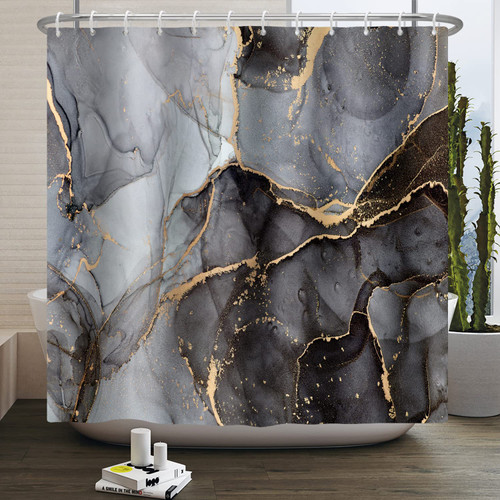 Renaiss 72x84 Inches Black Gold Marble Shower Curtain Abstract Ink Paint Crack Texture Stone Granite Marble Shower Curtain for Bathroom Luxury Modern Decor Waterproof Polyester Fabric with Hooks