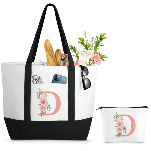 Large Can-vas Tote Bag for Women, Floral Ini-tial Beach Bag w Makeup Bag, Personalized Friend 60th Birthday Couples Bridal Shower Sister Mom Grandma Gifts w Inner Pocket, Top Zi-pper, Gift Box, Card D