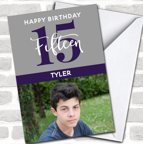 15th Fifteen Photo Purple Any Age Personalized Birthday Card