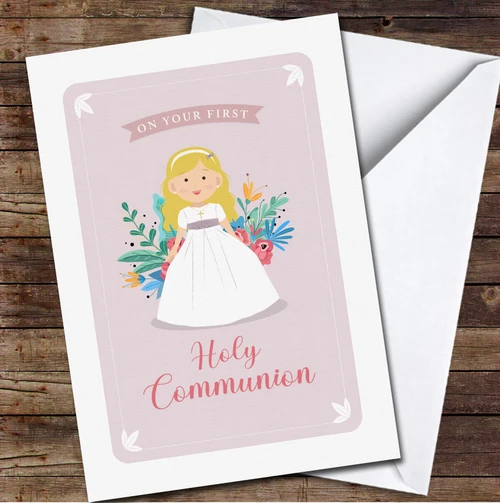 Blonde Hair First Holy Communion Girl Floral Personalized Card