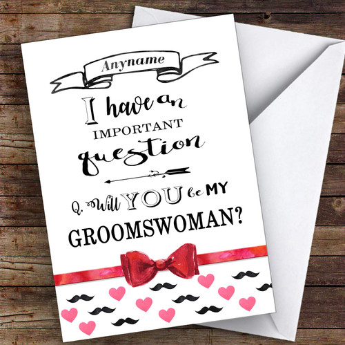 Moustache & Hearts Will You Be My Groomswoman Personalized Greetings Wedding Greetings Card
