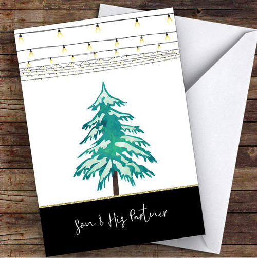 Son & His Partner Modern Christmas Holiday Lights & Tree Personalized Christmas Holiday Greetings Card