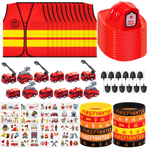 Newcotte 68 Pcs Fire Truck Party Favors Firefighter Party Favors Include Firetruck, Firefighter Helmet Hats, Fireman Vest, Bracelets, Temporary Tattoos Stickers for FireTruck Birthday Party Supplies