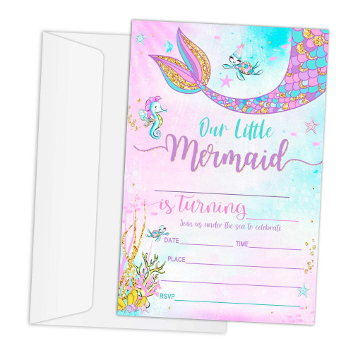 RLCNOT Birthday Invitations Cards with Envelopes Set of 20 - Mermaid Birthday Party Invitations for Kids, Boys or Girls, Kids Party Celebration, Supplies/BDAY127