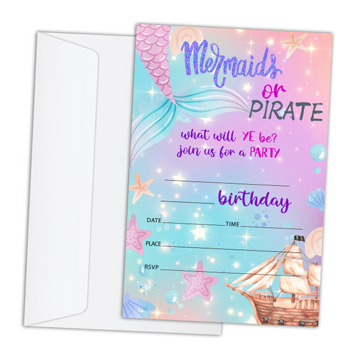 RLCNOT Birthday Invitations Cards with Envelopes Set of 20 - Mermaid or Pirate Birthday Party Invitations for Kids, Boys or Girls, Kids Party Celebration, Supplies/BDAY006
