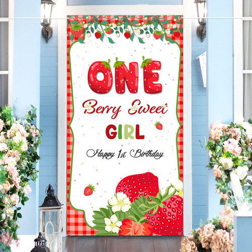 RoadSea One Berry Sweet Girl Door Banner - Gender Reveal Fruit Party Door Cover - Strawberry 1st Birthday Door Porch - Girl First Birthday Photography Background Door Decorations