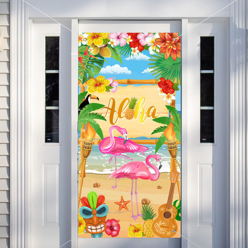 Rtteri Aloha Party Decorations Hawaiian Door Cover Sign Summer Luau Beach Supplies Party Door Banner Tropical Tiki Party Backdrop for Hawaiian Party Yard Birthday Accessory