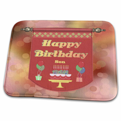3dRose Happy Birthday Son Banner, Cake with Gifts and... - Bathroom Bath Rug Mats (rug-186393-1)
