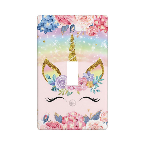Unicorn Flower Rainbow Cartoon Princess Face Decor Print Light Switch Plate Cover Plastic Wall Plates (Single Gang Toggle Switch)