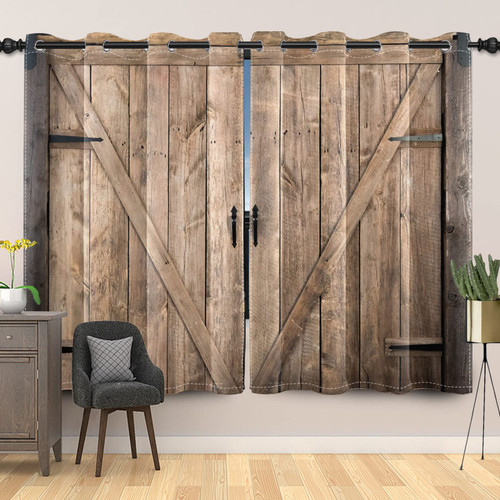 Renaiss Wooden Door Curtains, Rustic Vintage Wooden Barn Door Print Farmhouse Style Window Treatment 63" H x 42" W Set of 2 Panels Grommet Bedroom Living Room Blackout Window Drapes