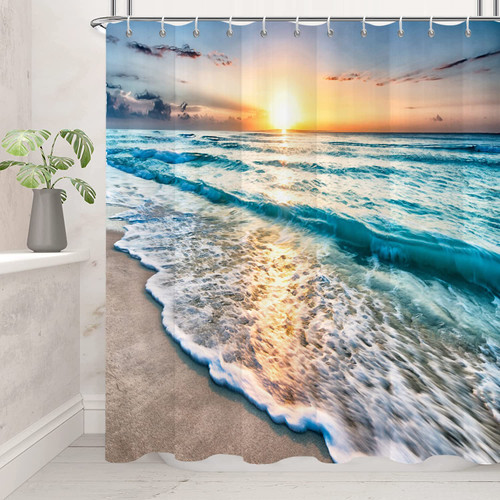 GCIREC Ocean Beach Shower Curtain, Summer Tropical Ocean Waves Sunset Coastal Hawaii Cool Sea Seaside Scene Island Bathroom Curtain Waterproof Fabric Machine Washable with 12 Hooks