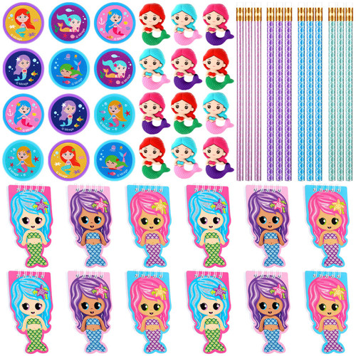 48 Pieces Mermaid Party Favors Stationary Set Include 12 Mini Mermaid Notepads Spiral Notebooks, 12 Rainbow Mermaid Stampers, 12 Mermaid Pencil and 12 Erasers for Kids Birthday Party Supplies Rewards