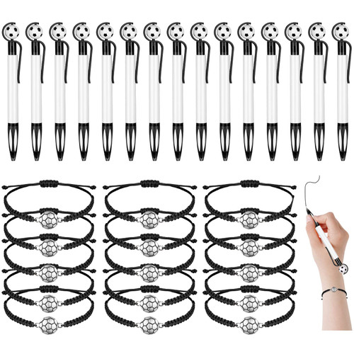 30 Pcs Soccer Party Favors Set, 15 Pcs Soccer Ball Pens 15 Pcs Soccer Bracelets Soccer Ballpoint Pens Adjustable Soccer Bracelet Soccer Party Gifts for Kids Girls Boys Teens Team Members (Black)