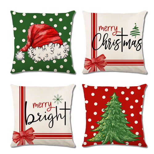 GAONINI Christmas Pillow Covers 18x18 Set of 4, Christmas Decorations Merry Christmas Bright Christmas Tree Santa Hat Christmas Pillows Decorative Throw Pillows, Winter Holiday Cushion Case for Couch