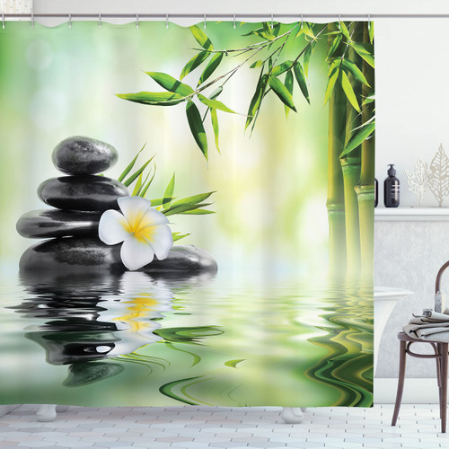 Ambesonne Spa Shower Curtain, Garden Frangipani Bamboo Japanese Relaxation Resting Travel, Cloth Fabric Bathroom Decor Set with Hooks, 69" W x 75" L, Charcoal Grey Pale Green