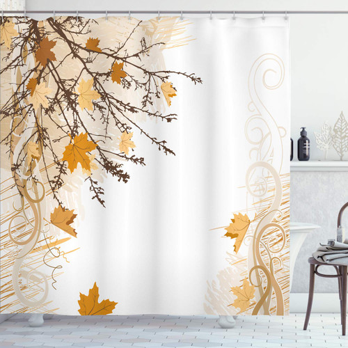 Ambesonne Nature Shower Curtain, Autumn Maple Leaves Branches in Fall Earthen Tones Faded Woodland Art Print, Cloth Fabric Bathroom Decor Set with Hooks, 69" W x 70" L, Marigold Yellow