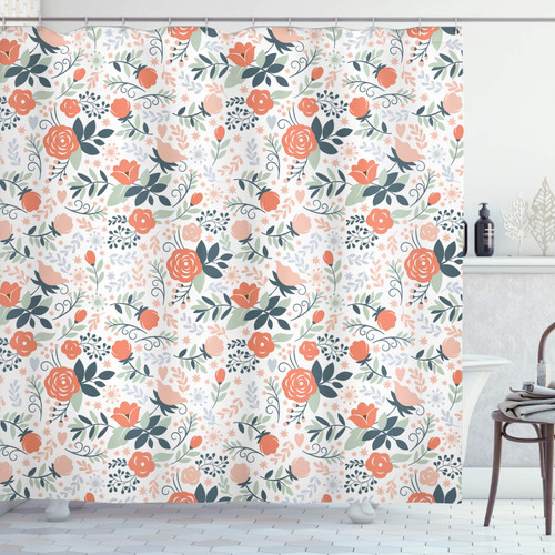 Ambesonne Floral Shower Curtain, Shabby Blooms Nature Inspired Botanical Beauty Illustration, Cloth Fabric Bathroom Decor Set with Hooks, 69" W x 75" L, Almond Green