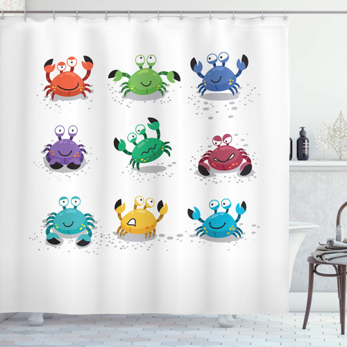 Ambesonne Crabs Shower Curtain, Joyful Cartoon Style Colorful Crab Characters with Various Expressions and Emotions, Cloth Fabric Bathroom Decor Set with Hooks, 69" W x 70" L, White Multicolor