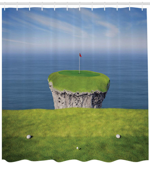 Ambesonne Golf Shower Curtain, View of an Impossible Golf Link Viewed from The Tee Box by The Ocean, Cloth Fabric Bathroom Decor Set with Hooks, 69" W x 70" L, Lime Green Blue and Dusk